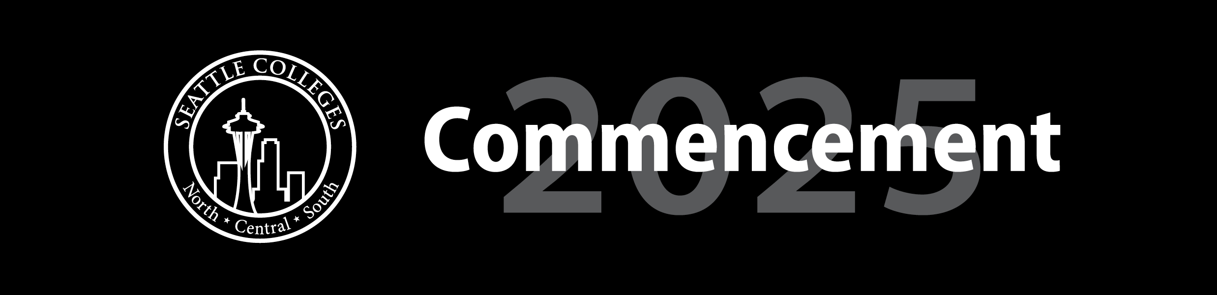 A banner with the Seattle Colleges logo in white on a black background that includes the words commencement 2025.